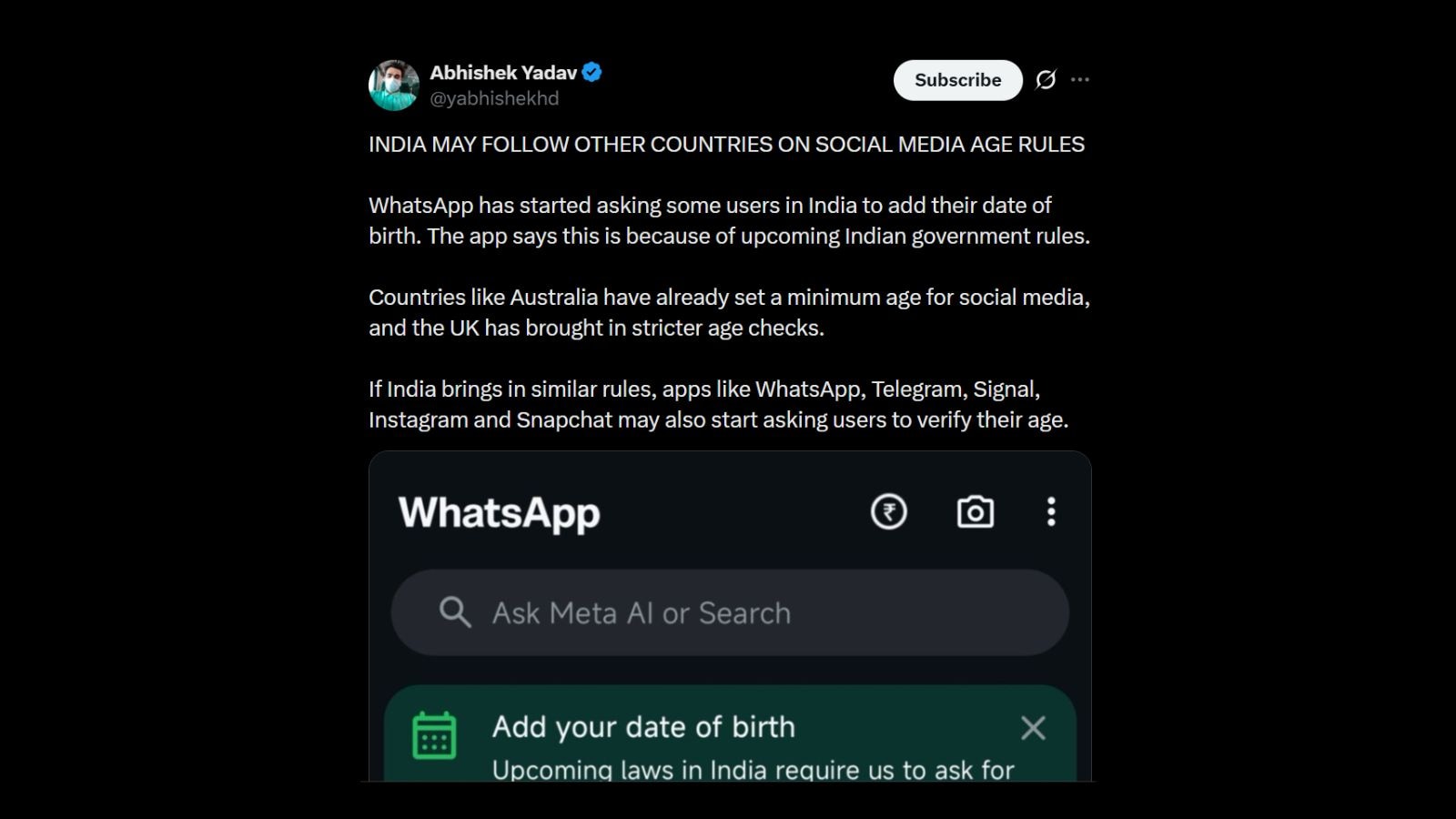 WhatsApp age verify test India